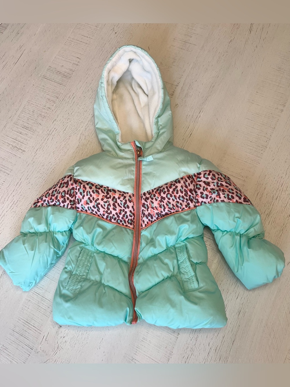 Wippette Kids Mint Green & Leopard Print Fleece-Lined Puffer Jacket 12M